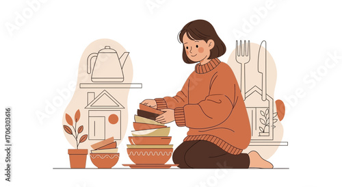 Woman Arranging Clean Kitchenware At Home with Subtle Aesthetic Design, Simple Style