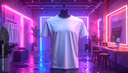 Blank white t-shirt on mannequin in a modern neon-lit retail space