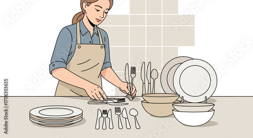 Woman Arranging Cutlery And Dishes, Preparing A Dining Experience In A Kitchen Setting