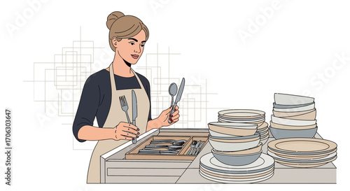 Woman Arranging Cutlery Beside Stacks Of Plates In A Culinary Kitchen Environment