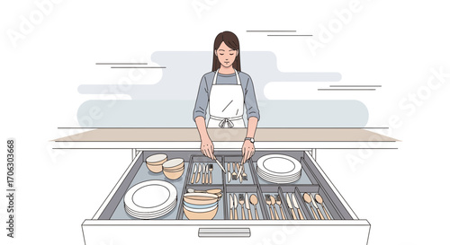Woman Arranging Cutlery Inside Kitchen Drawer, Domestic Life Concept, Minimal Illustration