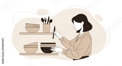 Woman Arranging Dishes And Cutlery On A Shelf In Minimalistic And Modern Kitchen Design
