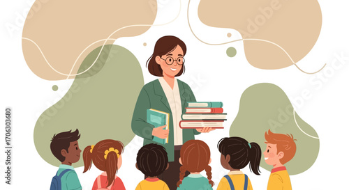 Teacher Demonstrating Knowledge Holding Books Talking To Pupils For Education Purpose