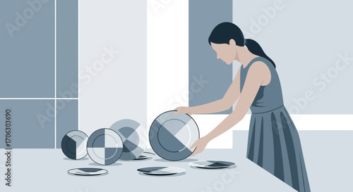 Woman Arranging Dishes on a Table: Minimalist Illustration in Shades of Blue or Grey