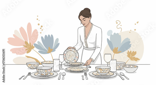 Woman Arranging Dishes on a beautifully Set Table with Floral Decorations for Dining
