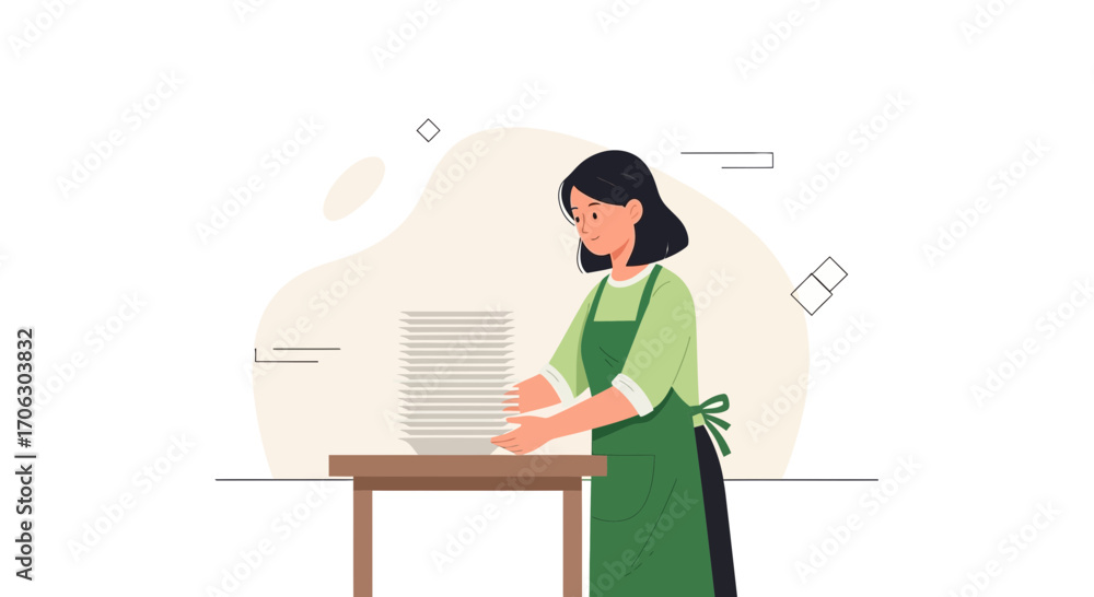 custom made wallpaper toronto digitalWoman Assembling Plates on Table In Minimalist Style With Soft Color Palette