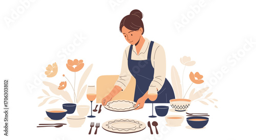 Woman Arranging Table Setting For Dining, Illustration Of Modern Food Table
