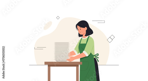 Woman Assembling Plates on Table In Minimalist Style With Soft Color Palette