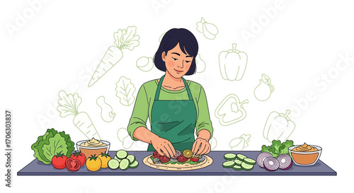 Woman Assembling Fresh Ingredients to Prepare a Healthy and Flavorful Vegetarian Meal