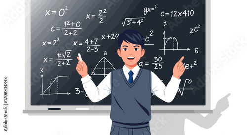 Teacher Explaining Equations on Blackboard, Illustration of Math Lesson, Education Concept