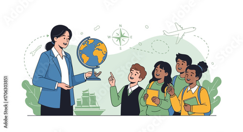 Teacher Explaining Geography To Students, Featuring a Globe and Elements of Travel