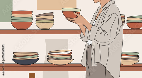 Woman Assessing Ceramic Bowls in a Warm Toned Kitchen Display for Potential Purchase
