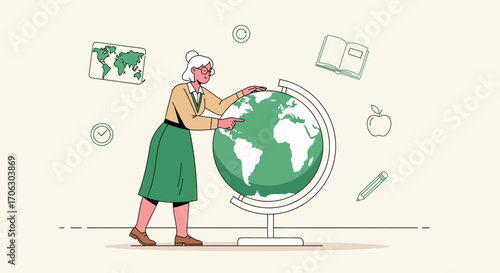 Teacher Explaining Geography Using A Globe With Educational Symbols Around