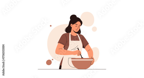 Woman Baking A Cake At Home, Mixing Ingredients In A Bowl With Wooden Spoon