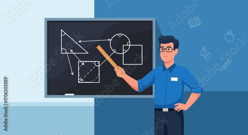 Teacher Explaining Geometric Shapes on Blackboard in a Cartoon Illustration