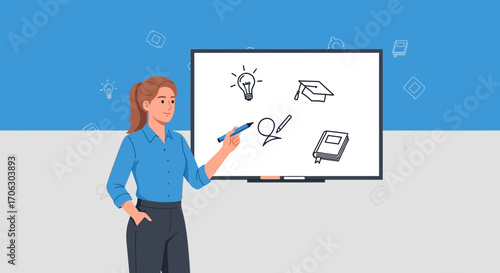 Teacher Explaining Ideas on Whiteboard, Educating Concepts, Creating Knowledge Illustration