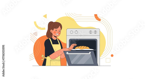 Woman Baking Bread In Oven, Freshly Baked Loaf Inside Home, Kitchen Cartoon Illustration