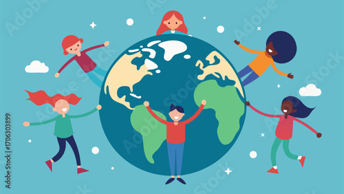 Happy children holding hands around the Earth symbolizing unity, peace and diversity in colorful flat vector style