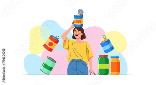 Woman Balancing Food Cans, Illustration Of Joyful, Modern Life And Well-being