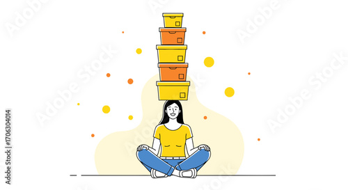 Woman Balancing Boxes While Meditating, Concept Of Organization And Mental Balance