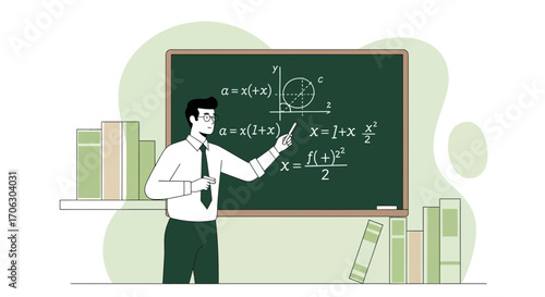 Teacher Explaining Mathematical Equations On Chalkboard, Education And Knowledge Concept