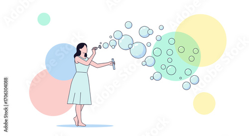 Woman Blowing Bubbles Against Colorful Pattern: Playful Concept Illustration