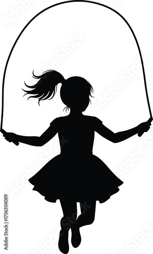 Jumping rope girl silhouette with pigtails and dress, playful vector illustration for childhood activity, outdoor fun, fitness, motion concept