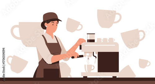 Woman Barista Crafting Espresso With Modern Machine, Cups, And A Simplified Look