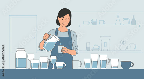 Woman Carefully Pouring Water Into Glasses, Displaying Various Amounts, Healthy Lifestyle
