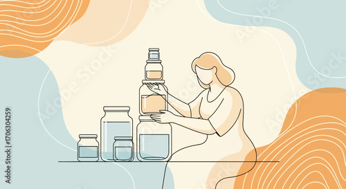 Woman Carefully Stacking Jars, Minimalist Illustration with Neutral Color Palette