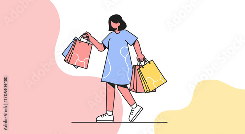 Woman Carrying Shopping Bags Depicted In Flat Illustrations Of Shopping Illustration