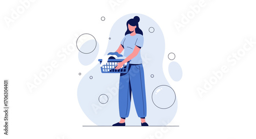 Woman Carrying Laundry Basket In Illustration On White Background Flat Design Vector