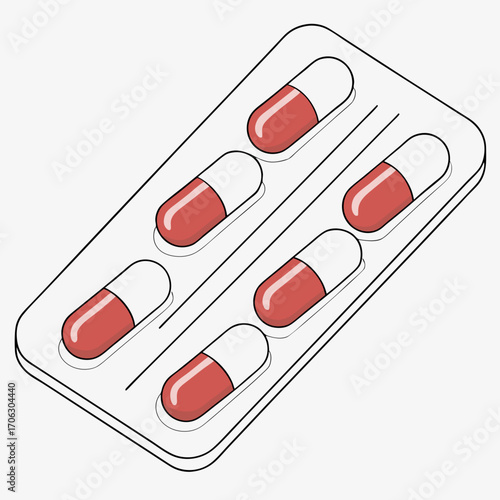Clean, modern packaging for six red and white medical capsules presented in a simple, professional blister pack design.