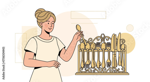 Woman Checking The Flatware Ready For A Dinner Event, Kitchen Utensils Collection