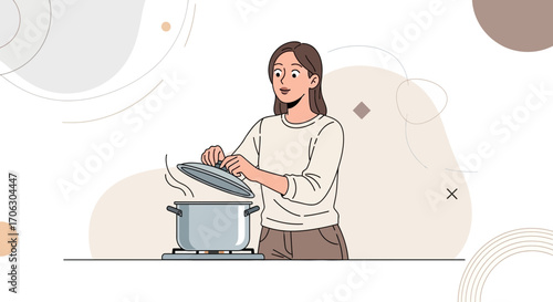 Woman Checks the Pot, Preparing Delicious Food, in Her Cozy, Modern, Minimalist Kitchen