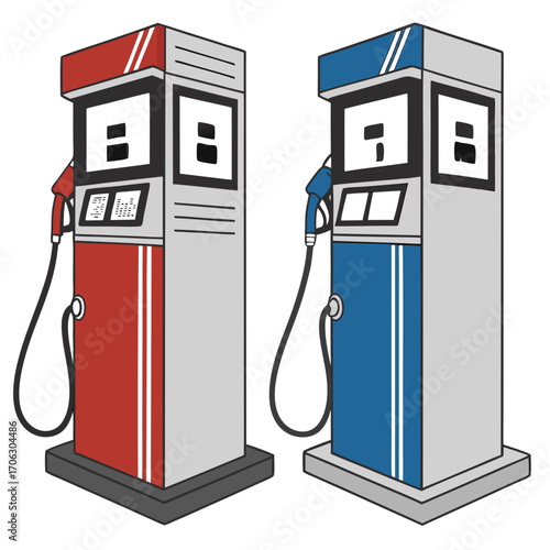 Two modern gas pumps, one red and one blue, ready for fueling vehicles at a service station