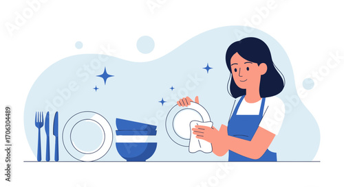Woman Cleans Dishes in a Modern Kitchen, Demonstrating Household Chores with Efficiency