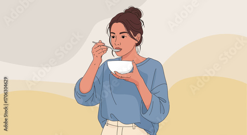 Woman Consuming Meal Illustration Depicting Daily Routine and Healthy Living Habits