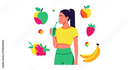Woman Consuming A Refreshing Green Smoothie With Fresh Fruits And Healthy Lifestyle