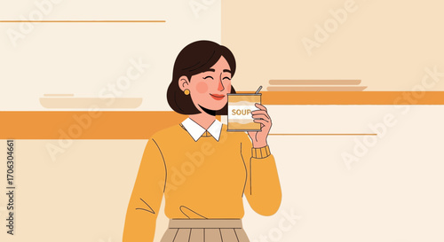 Woman Consuming Warm Soup From a Can in a Minimalist, Cozy, Warm Illustration