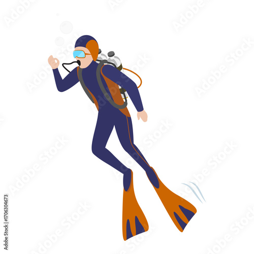 3D Isometric Flat Vector Set of Scuba Divers, Marine Exploring People. Item 2