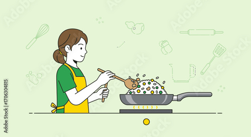 Woman Cooking Fried Rice In A Pan With Kitchen Utensils And Light Green Background