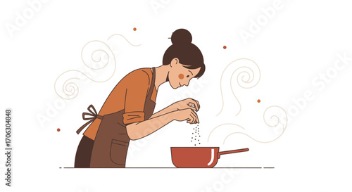Woman Cooking Illustration, Adding Spices to Food in a Pot, Culinary Creation