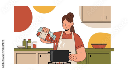 Woman Cooking In The Kitchen Pouring A Sauce Into A Pot Preparing Food At Home