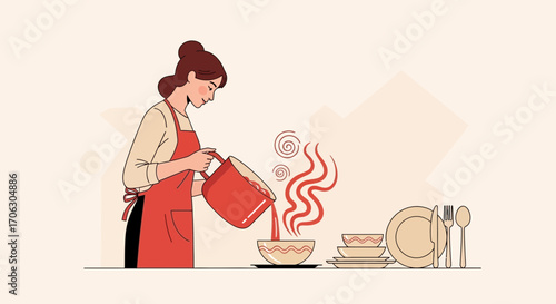 Woman Cooking in Kitchen, Serving Soup Into Bowls for Dinner Preparation