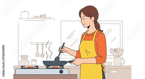 Woman Cooking Meal in Kitchen, Preparing Food at Home, Flat Design Illustration