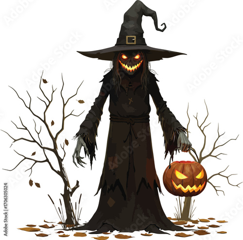 Scary scarecrow with pumpkin lantern isolated on white background