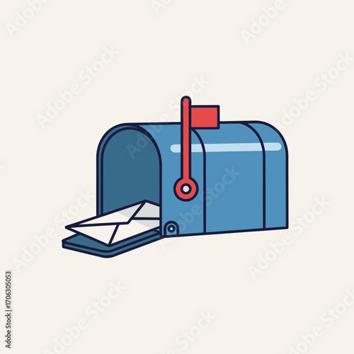 Blue mailbox with letters and a red flag against a light background.