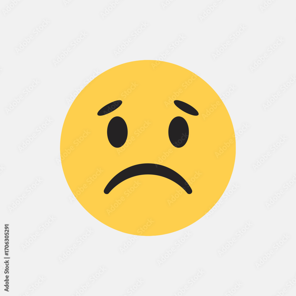 Fototapeta premium Yellow emoji face with a sad expression on a white background.