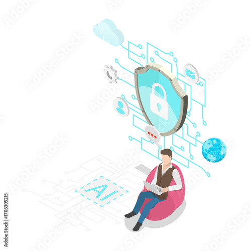 3D Isometric Flat Vector Illustration of AI Security Threats, AI-powered Cybersecurity. Item 2
